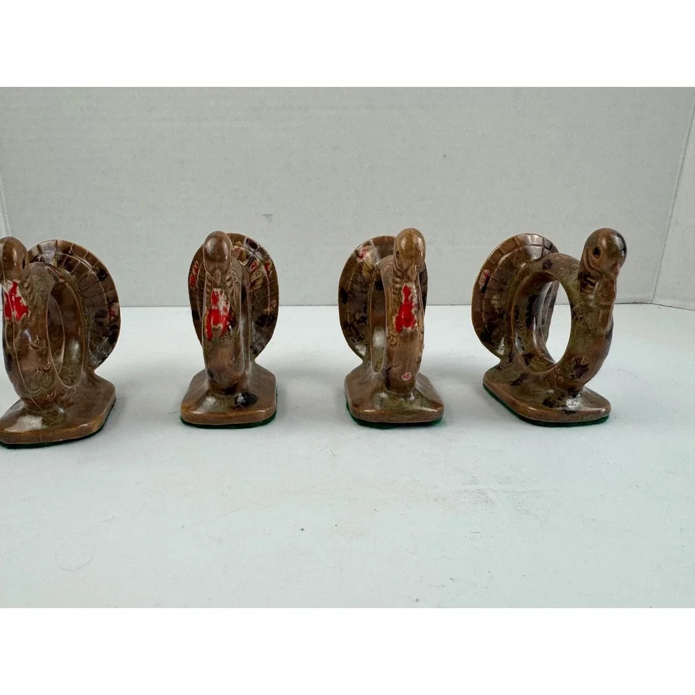 Vintage Ceramic Turkey Napkin Rings Set of 4 Brown Glazed Thanksgiving Decor